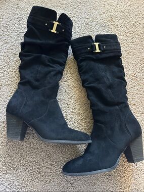 Dr. Scholl's Black Suede Mid-Calf Heeled Boots with Gold Buckle